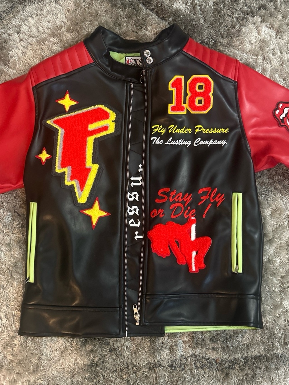 Red & Black Patch Leather Jacket - Fly Under Pressure
